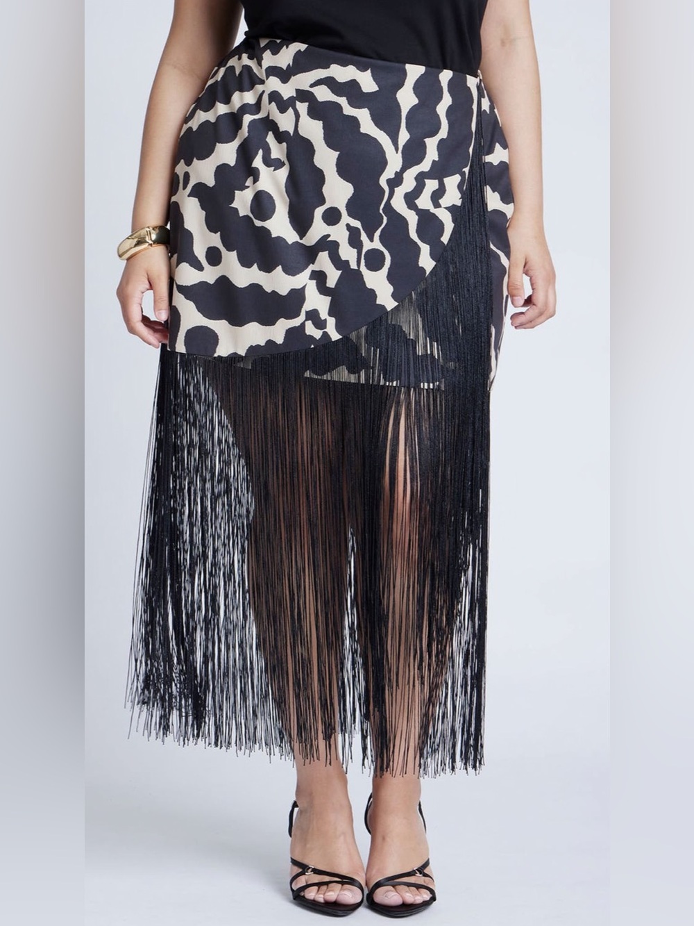 Eloquii Black and Cream Fringe Wrap Skirt